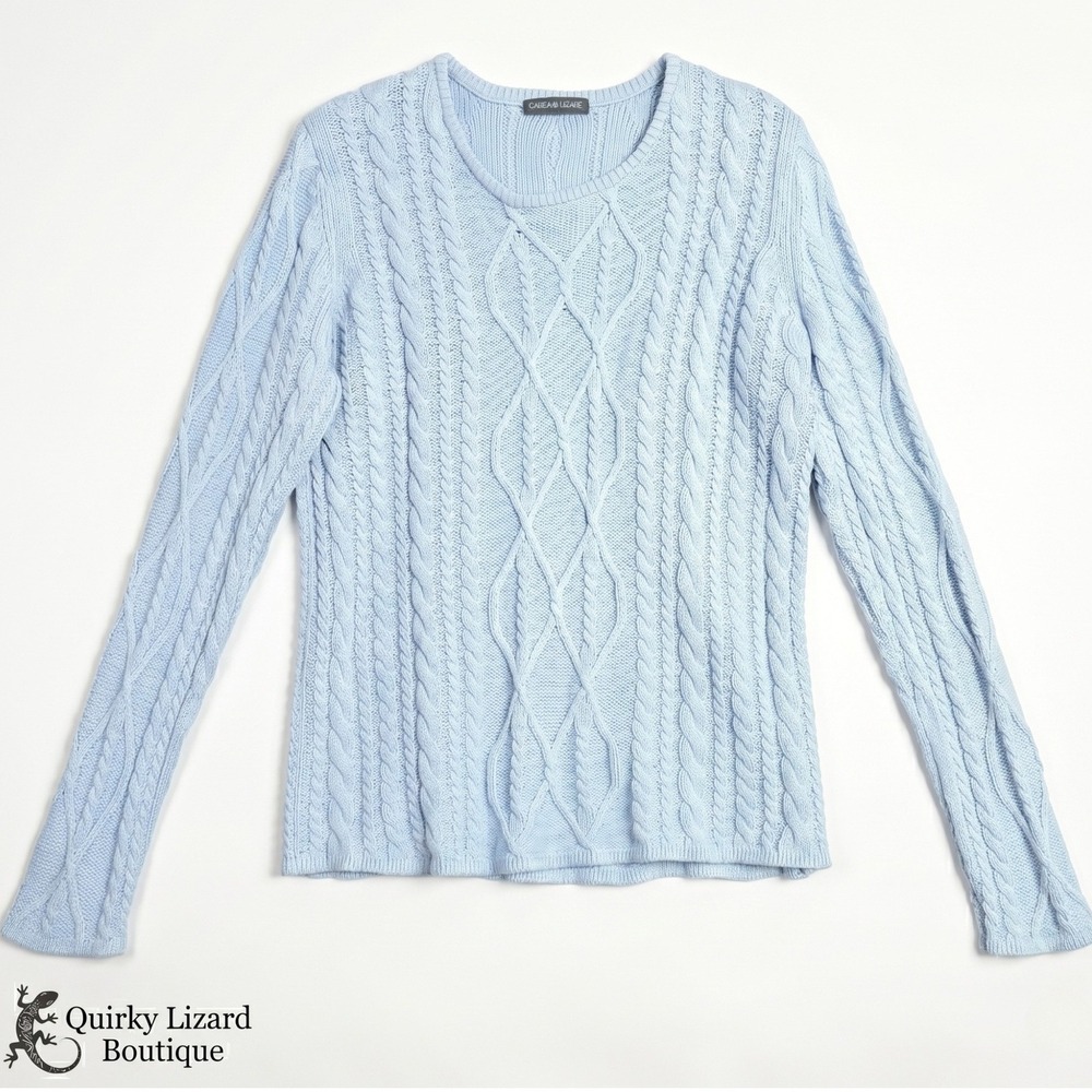 Caroline Grace Sweater Womens Large Blue Cable Knit Cotton Cashmere Crewneck